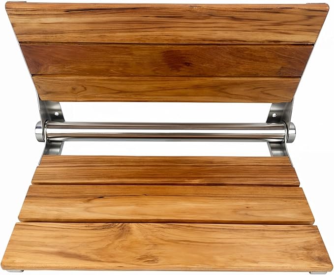 Teak Shower Seat Bench with Back - Wall Mounted Fold Up Shower Seat, Waterproof Folding Teak Bath Chair for Seniors, 304 Stainless Steel Frame, with 300 lbs Capacity - 24" Length, Polished