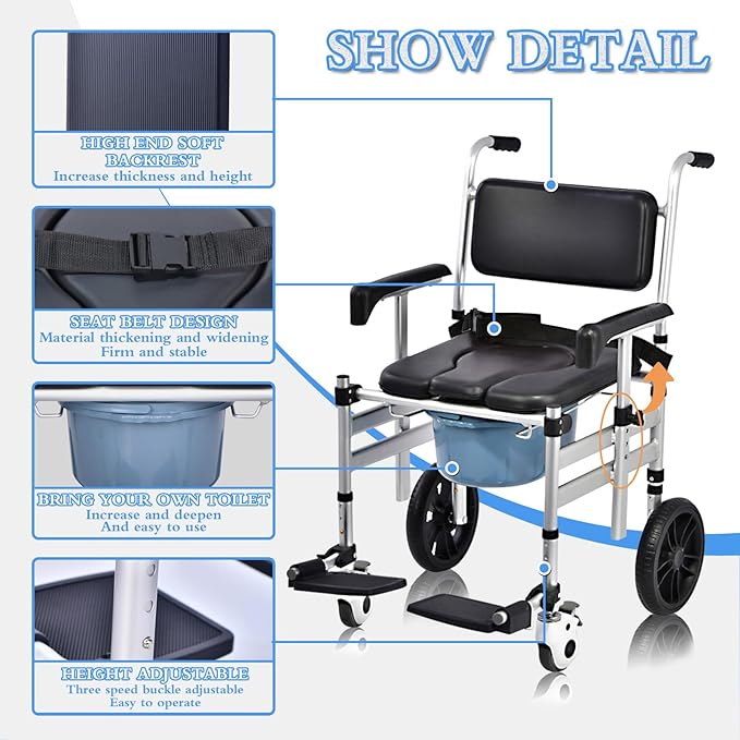 Shower Chair with Wheels Aluminum Alloy 4 in 1 Foldable Height Adjustable Shower Wheelchair, Sturdy Rolling Shower Chair with Large Commode for Seniors (Black)
