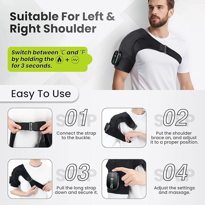 Cordless Shoulder Heating Pad with Vibration for Rotator Cuff Pain Relief, FSA Eligible HSA Heated Shoulder Massager, Rotator Cuff Support Brace with 3 Heating Levels &3 Vibration (Black)