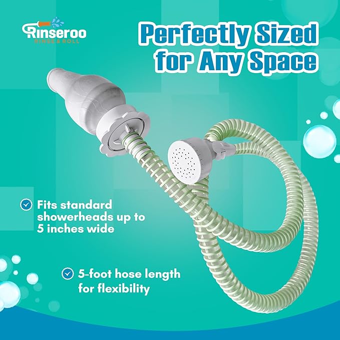 Rinseroo: Slip-On Handheld Shower Attachment Hose w/Spray Head-for Seated Bathing. Converts Fixed Shower Head into Handheld Bather. Portable, No-Install Shower Hose Wand for Seniors, RV. Gravity fed.