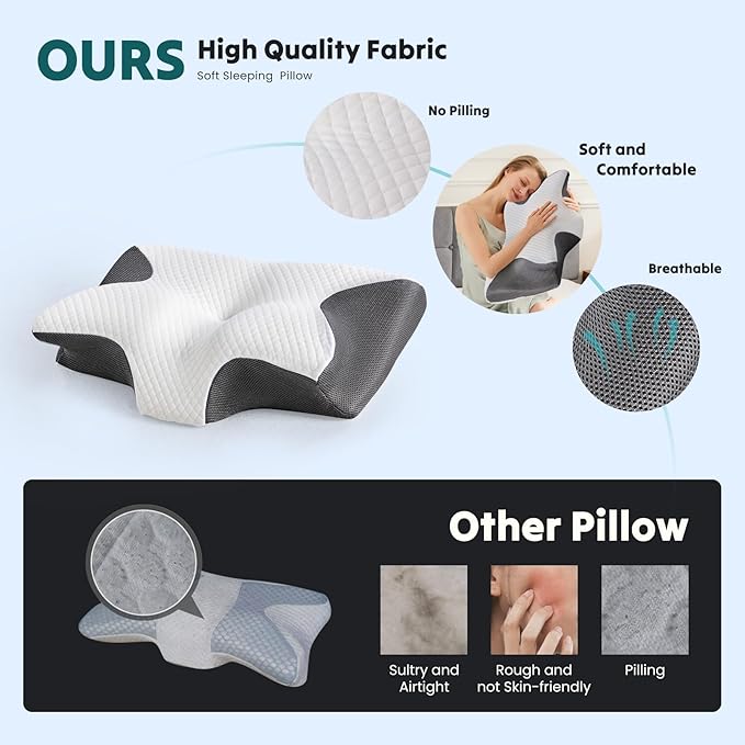 DUMOS Cervical Neck Pillow for Sleeping, Cooling Ergonomic Memory Foam Pillow with Arm Rest Slot and Ice Silk Pillowcase, Dual Height Orthopedic Support Contour for Side, Back, Stomach Sleepers