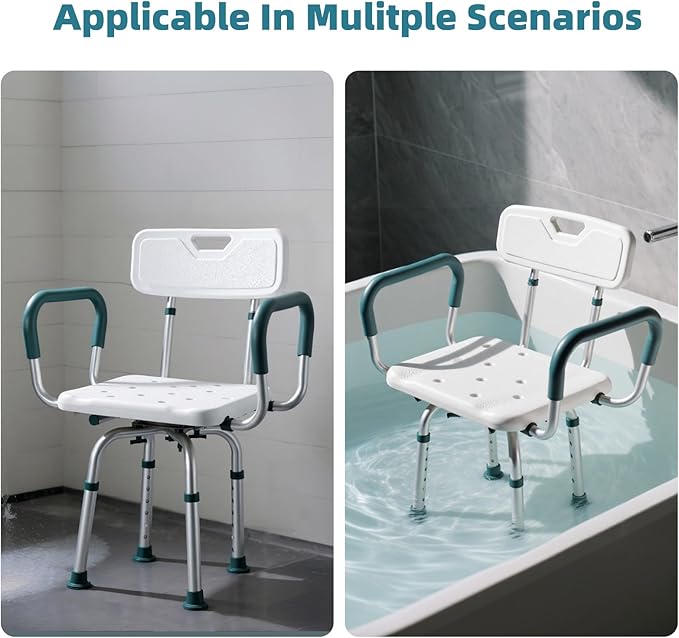 Swivel Shower Chair with Arms and Back, 400 lbs Heavy Duty Shower Stool for Inside Shower Stall and Bathtub, Height Adjustable Rotating Shower Chair Seat for Elderly, Adults, Handicap and Disabled