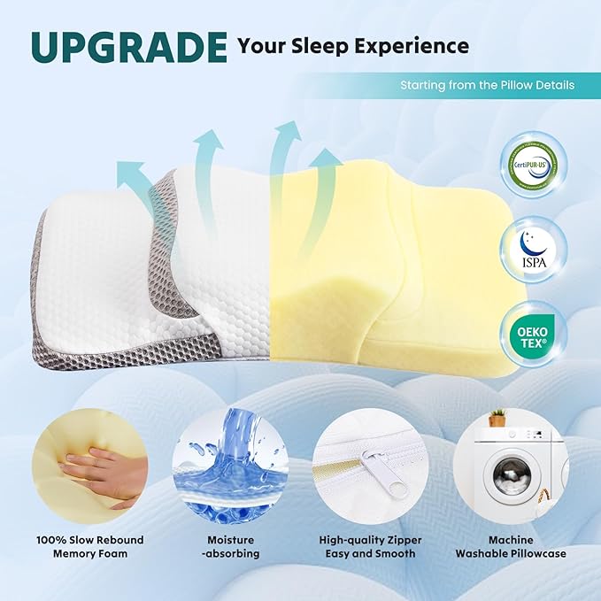 DUMOS Cervical Neck Pillow for Sleeping, Cooling Ergonomic Memory Foam Pillow with Arm Rest Slot and Ice Silk Pillowcase, Dual Height Orthopedic Support Contour for Side, Back, Stomach Sleepers