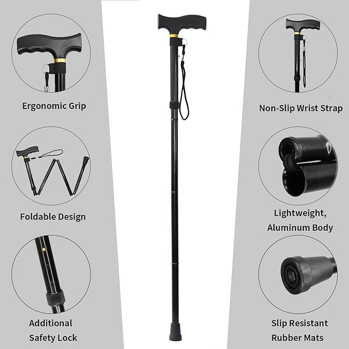 Folding Cane, 5-Level Adjustable Height Lightweight Portable Foldable Walking Canes with Wrist Strap and T Handle for Men Women Seniors