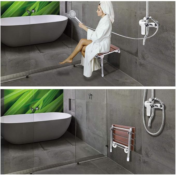 Folding Shower Seat Wall Mounted with Legs, Foldable Shower Chair for Inside Shower, Fold Down Shower Bench for Seniors (Wood, Fixed Height)