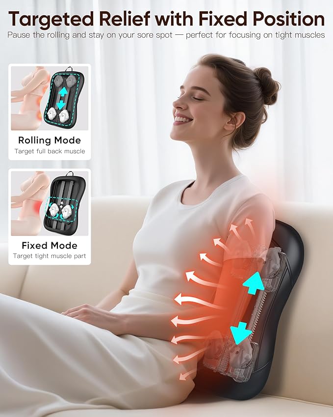 Back Massager for Pain Relief Deep Tissue : Rolling Up and Down, Not Just 4 Fixed Spots, Lower Back Massager with Heat, Shiatsu Kneading Massage for Office Home Car Use