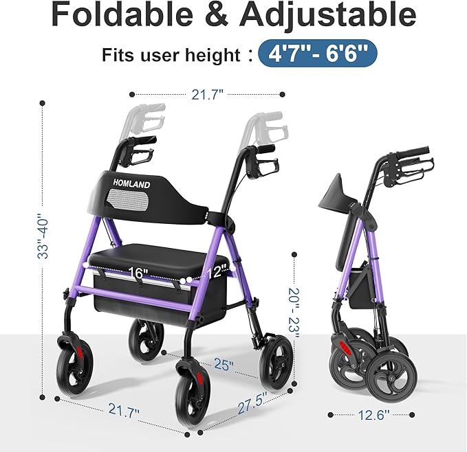 HOMLAND Foldable Rollator Walkers with Seat for Seniors, 8'' Big Wheels, 350 lb. Weight Capacity, Adjustable Handles and Seat Height, Lightweight Rolling Walker, Purple