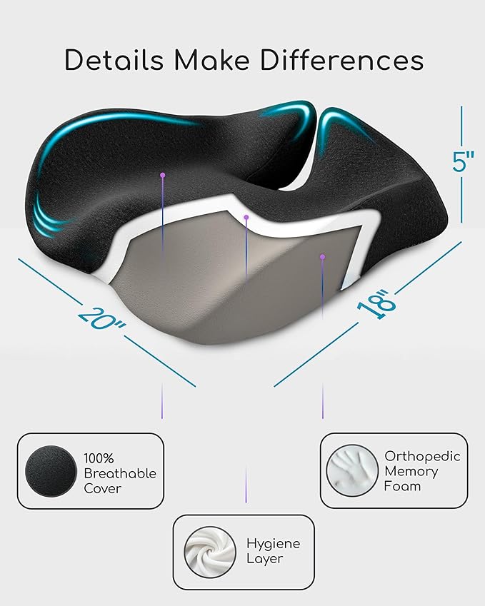 SitCushion Ergonomic Seat Cushion for Sciatica & Tailbone Pain Relief – Extra Large Memory Foam Office Chair Cushion for Long Sitting, Orthopedic Coccyx Cushion for Desk Chair, Car & Wheelchair(Black)