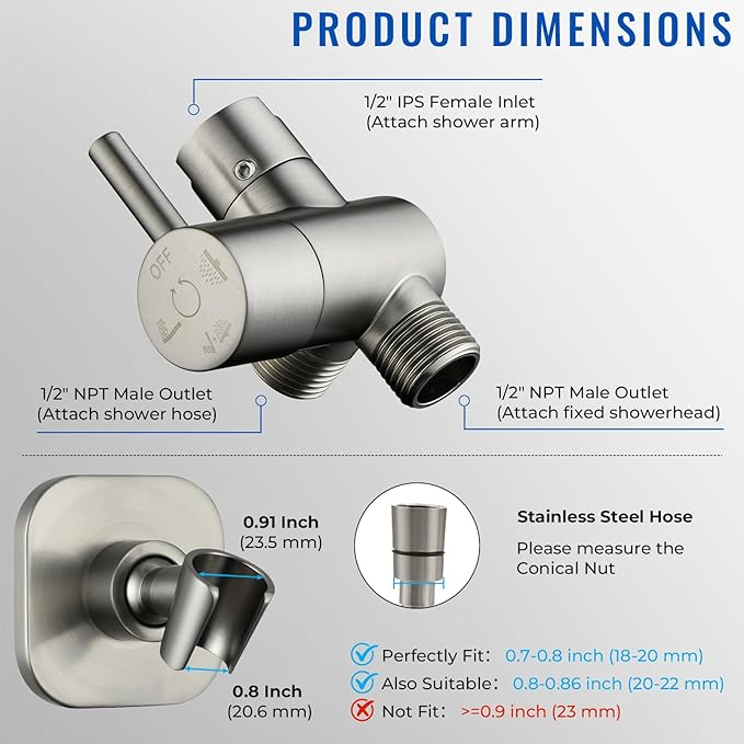 G-Promise All Metal High Flow Shower Diverter Valve with Adjustable Shower Head Holder, Universal 3-Way Splitter with Pause Mode for Handheld and Fixed Spray Head Adapter Replacement (Brushed Nickel)