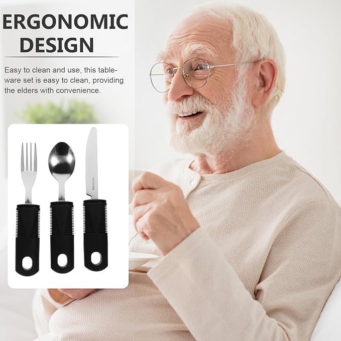 Amosfun 1set Adaptive Silverware for Elderly Non-Skid Portable Cutlery Kit Fork Spoon and Knife Lightweight and Easy to Clean Tableware for Seniors Convenient Storage and Use