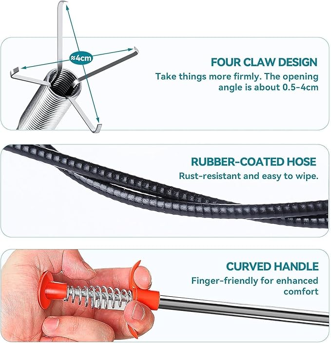33 Inch Drain Snake Clog Remover, Flexible 4-Claw Grabber Tool, Toilet Sink Shower Drain Cleaner for Hair Removal