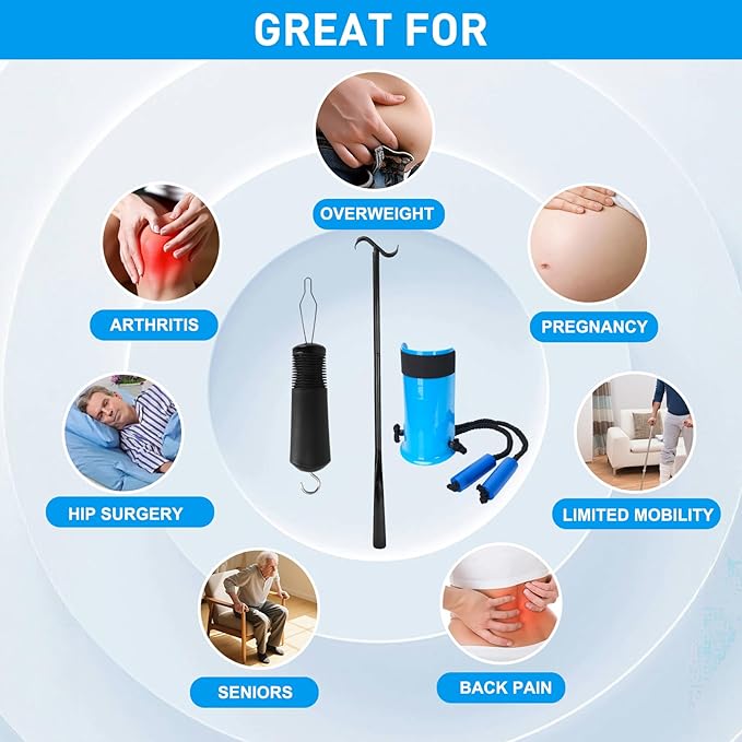 Sock Aids for Putting On Socks - Sock Aid Device Shoe Horn Kit for Seniors, Sock Helper Assistant Device Easy On and Off No Bending, Adjustable 3 in 1 Shoe Horn+Button Hook and Zipper Pull Helper