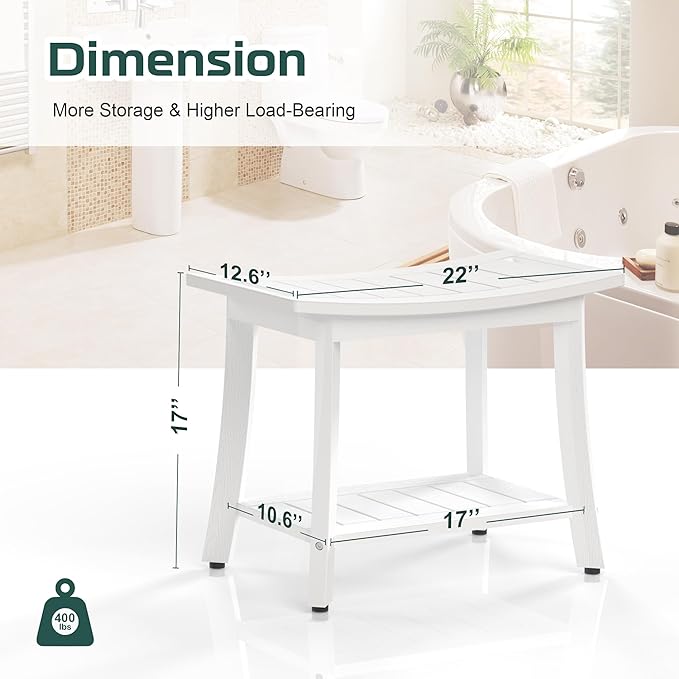 Waterproof Shower Benches for Inside Shower, Poly Lumber Shower Stool with Storage Shelf & Adjustable Feet, SPA Bathroom Seat Chair for Shaving Legs, Indoor or Outdoor Use, White