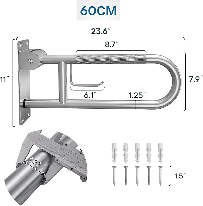 24-Inch Foldable Shower Grab Bar – 90° Flip-Up Design, Premium 304 Stainless Steel, Anti-Slip Grip with Built-in Paper Holder, Wall-Mounted Handicap Safety Rail, Supports 300–350 lbs