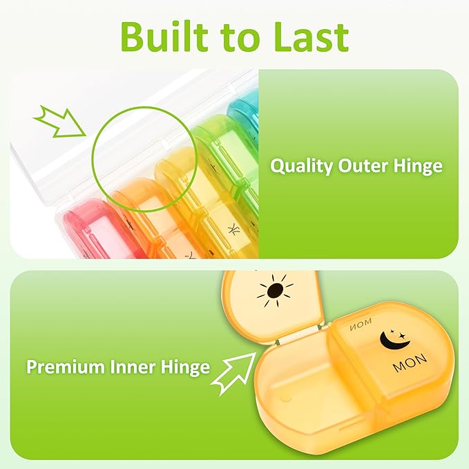 Fullicon Large Pill Organizer 2 Times a Day, Easy to Use AM PM 7 Day Pill Box, Secure Weekly Daily Pill Case, Durable Pill Container Travel, Portable Travel Medication Holder (Clear Rainbow)