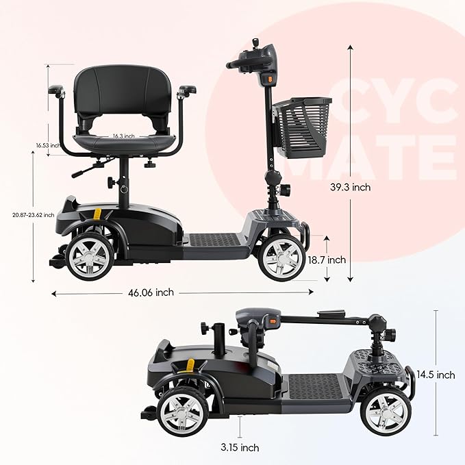 4 Wheel Mobility Scooter for Seniors & Adults 15 Mile Range, 6 MPH Powered Mobility Scooter with 300 lbs Capacity, Foldable Compact Mobility Scooter for Travel, Electric Wheelchair Gray