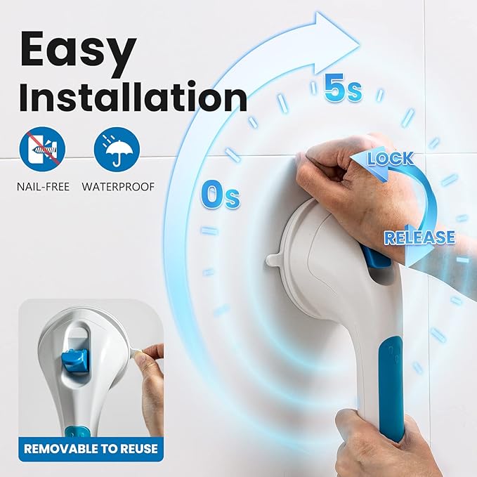 LEVERLOC Grab Bars for Shower 2 Pack, Suction Grab Bar Shower Handle for Bathroom Removable Handrails for Seniors Elderly Heavy Duty Safety Grip Waterproof Drill Free,Blue
