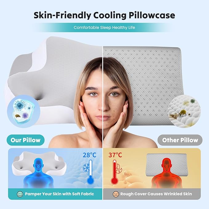 DUMOS Cervical Neck Pillow for Sleeping, Cooling Ergonomic Memory Foam Pillow with Arm Rest Slot and Ice Silk Pillowcase, Dual Height Orthopedic Support Contour for Side, Back, Stomach Sleepers