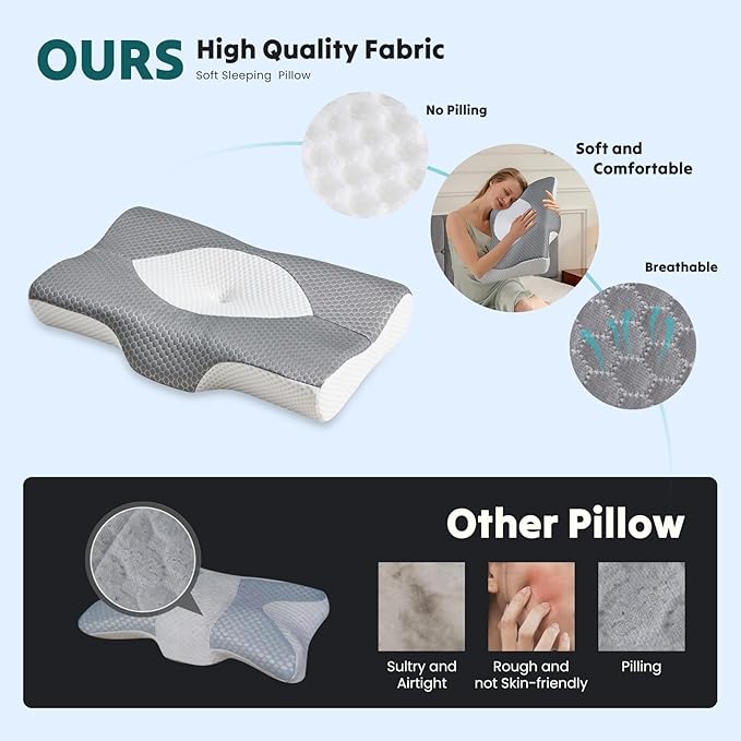 DUMOS Cervical Neck Pillow for Sleeping, Cooling Ergonomic Memory Foam Pillow with Arm Rest Slot and Ice Silk Pillowcase, Dual Height Orthopedic Support Contour for Side, Back, Stomach Sleepers