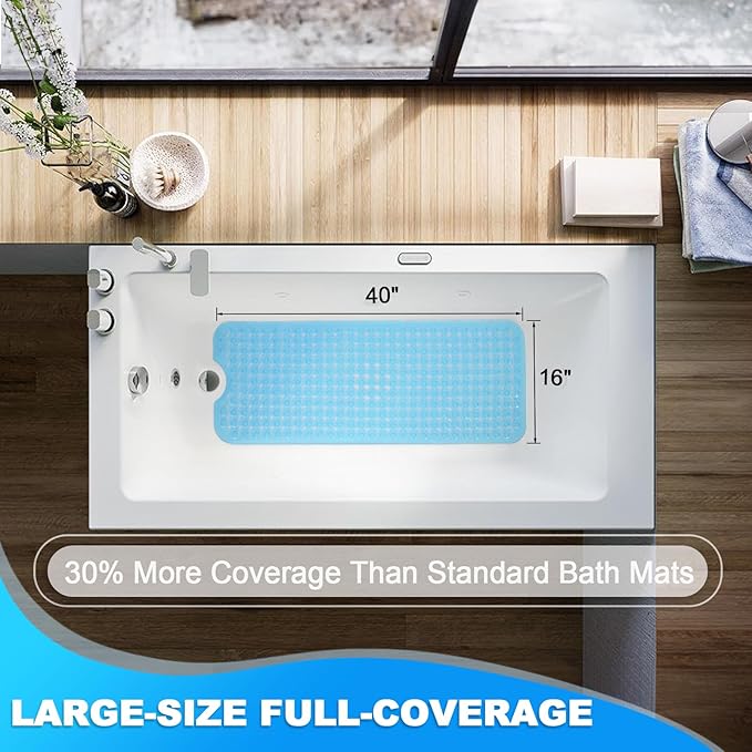 Linoows Bathtub and Shower Mats, 40x16 Inch Extra Large Non Slip Soft Bath Tub Mat with Suction Cups and Drain Holes for Bathroom Floor, Machine Washable, Clear Blue
