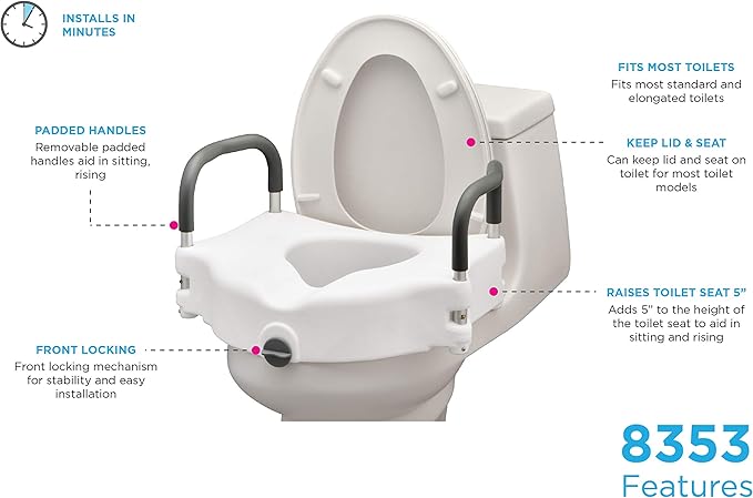 NOVA Medical Products Elevated Raised Toilet Seat with Removable, Padded Handles, White, 1 Count