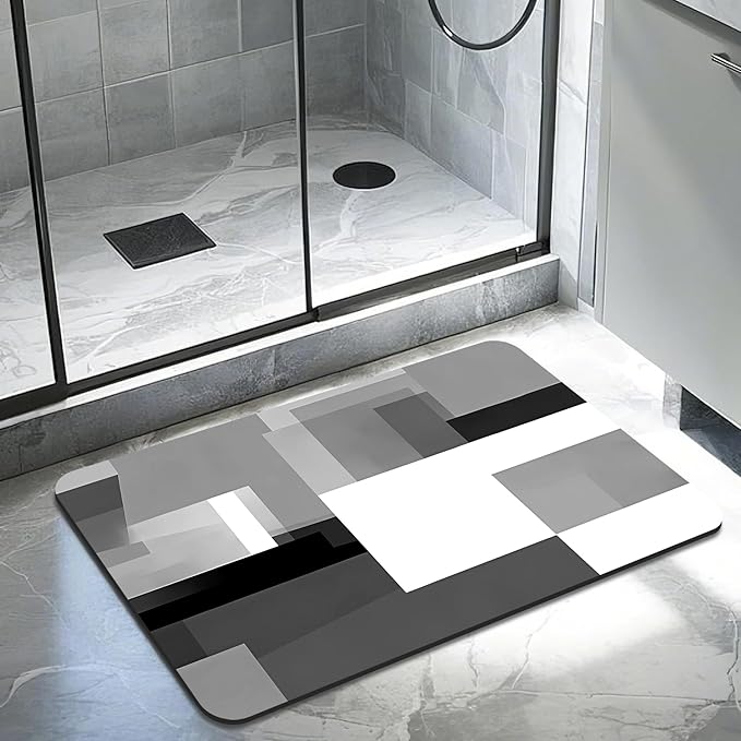 Quick Dry Bath Mat for Bathroom,Super Absorbent Black and Gray Welcome Bath Rug Non-Slip Rubber,Machine Washable Bathroom Floor Mat for Shower, Tub, Sink Area Abstract Art Painting 16x24