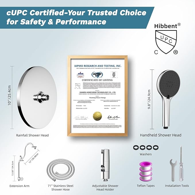 Hibbent Upgraded cUPC Certified Self-cleaning Shower Head Combo, High Pressure 10'' Rain Showerhead with 3-Spray Handheld, All Metal Arm with Easy Reach 4-way Diverter, 71" Hose & Holder, Chrome