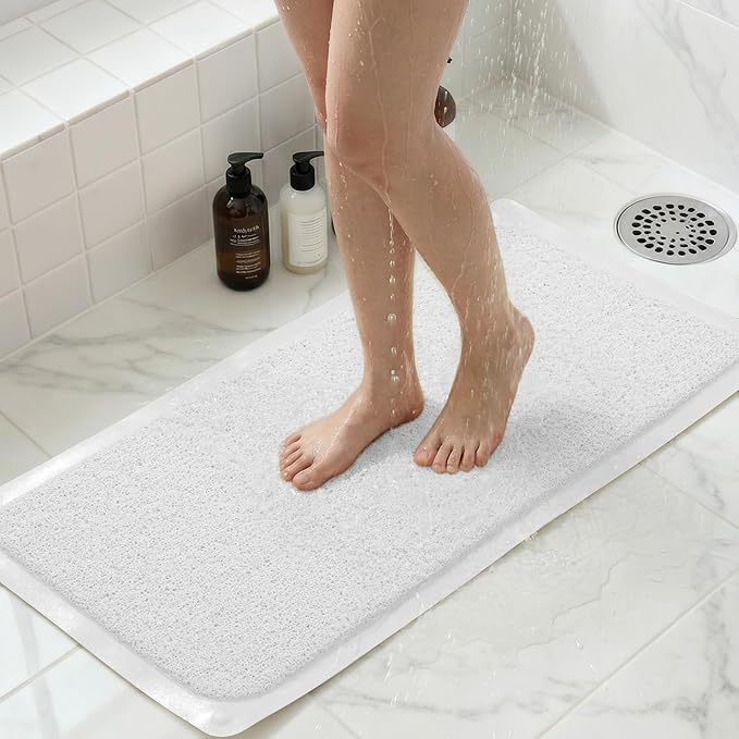 Upgraded Anti Slip Shower Mat for Inside Shower,Non Slip Bathtub Mat with Suction Cups,Shower Floor Mat，Scrubber Mats,Easy to Clean,Quick Dry,Easy Drainage,Loofah Bath Mat for Tub,White,17''x32''