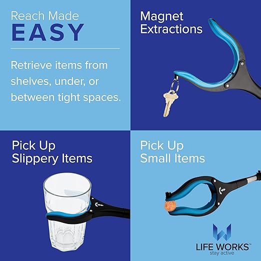 LIFE WORKS Reacher Grabber Tool, 360° Rotating Head, 4.5” Jaw Opening, Ergonomic Handle, Folds for Storage, Aids in Reaching Items High or Low, Surgery Recovery, Hip Replacement (2 Pack)