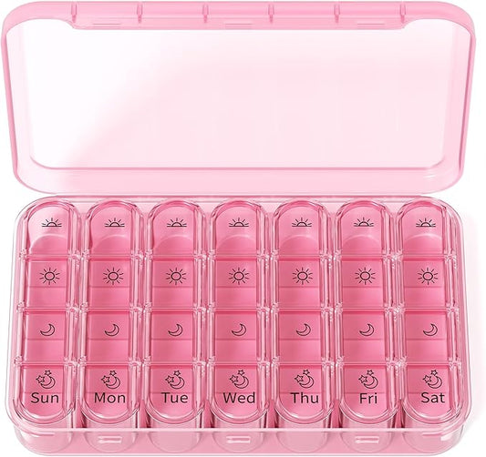 Zoksi Pill Organizer 4 Times a Day, BPA Free Weekly Travel Pill Box，Daily Pill Case with 28 Compartments to Hold Medicine, Vitamin and Supplement(Pink)