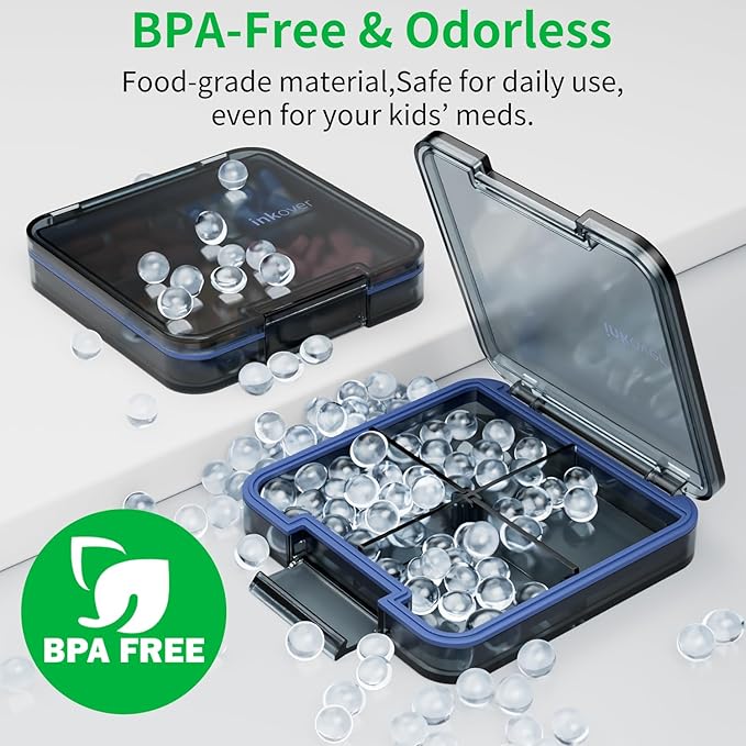 Small Pill Box, Travel Pill Organizer, Small Pill Case, Pill Container for Purse 4 Compartments, Daily Compact Travel Medicine Holder for Vitamins Medication (Black)