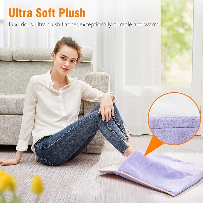 Foot Warmer Electric, Extra Large Heat Therapy Wrap, Ultra Soft Flannel Heating Pad for Feet, Abdomen, Cramp, Office, Under Desk, Home Use, Auto Off, 22" x 20" - Light Purple