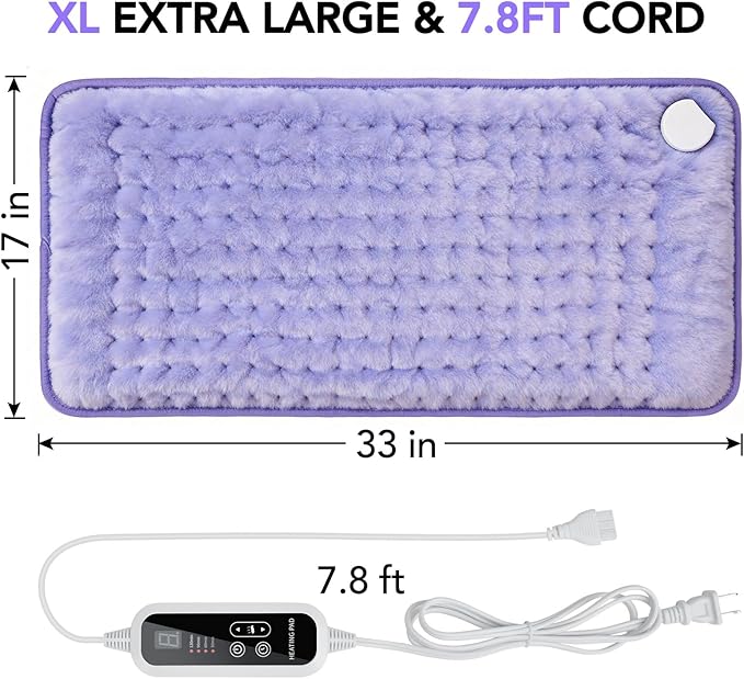 Heating Pad for Back Pain Relief - 33"x17" Extra Large Electric Heat Pad,6 Heat Settings &4 Auto Off, Machine Washable,Overheat Protection,for Shoulders,Neck,Period Cramps,Gifts for Women Mom [Purple]
