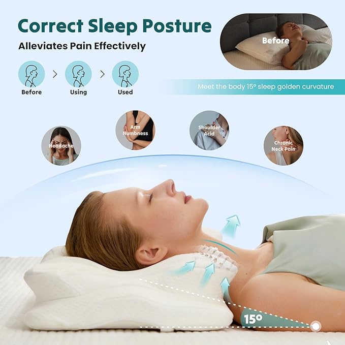 DUMOS Cervical Pillow for Neck and Shoulder, Contour Memory Foam Pillow, Ergonomic Neck Support Pillow for Side Back Stomach Sleepers with Pillowcase