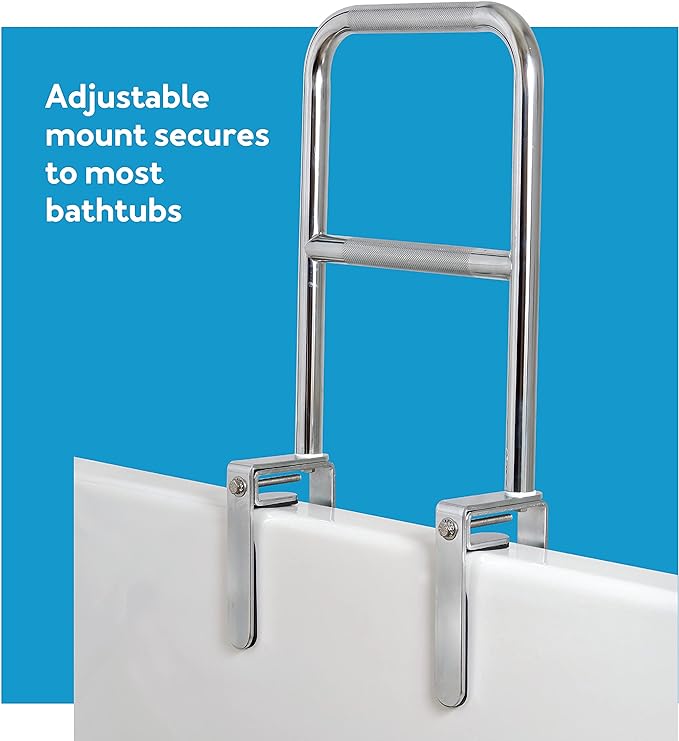 Carex Tri-Grip Bathtub Rail with Chrome Finish - Bathtub Grab Bar Safety Bar For Seniors and Handicap - For Assistance Getting In and Out of Tub, Easy to Install on Most Tubs,Silver