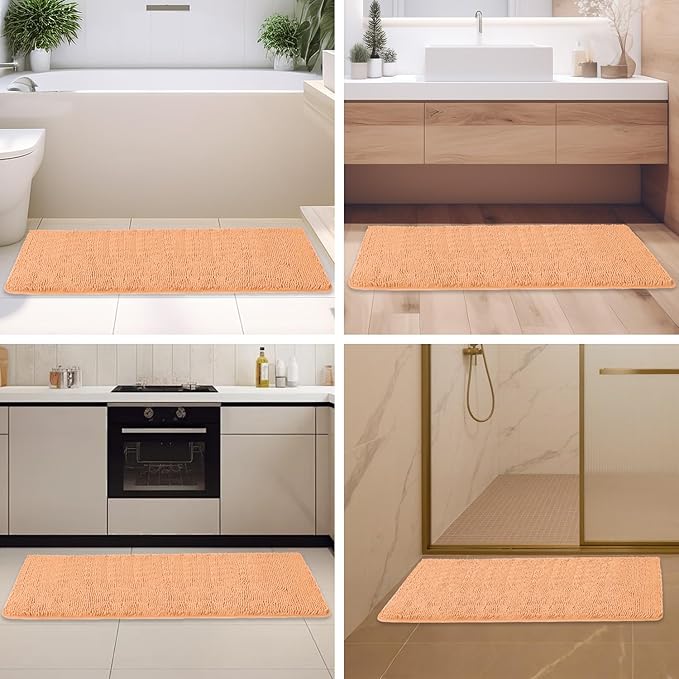 Peach Bathroom Rugs – Absorbent and Washable Bath Mat, Non-Slip, Thick Soft Chenille Bath Rugs for Bathroom Floor, Shower, Sink - 26" x 44"