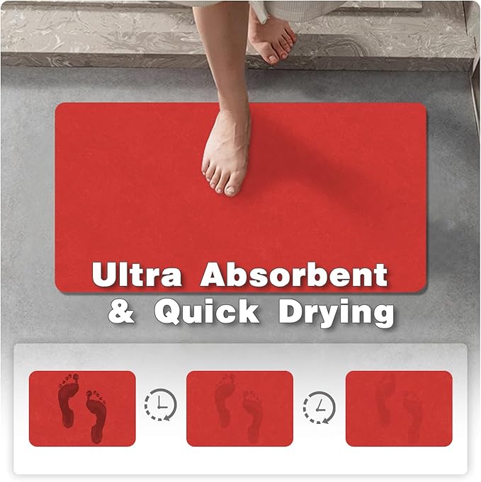 TYUU Christmas Bath Mat, Red Bathroom Rugs Non Slip Washable Thin Absorbent Bath Mat Fits Under Door Bathroom Floor Mat Perfect for Bath, Shower, or Sink 16"x24" Red