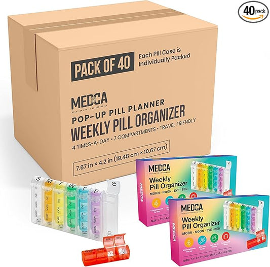 Weekly Pill Organizer - Pill Planners for Pills and Vitamins Day Week, 4 Times-a-Day Medication Reminder, AM PM Compartments Monday to Sunday for Travel or Purse (Case of 40)