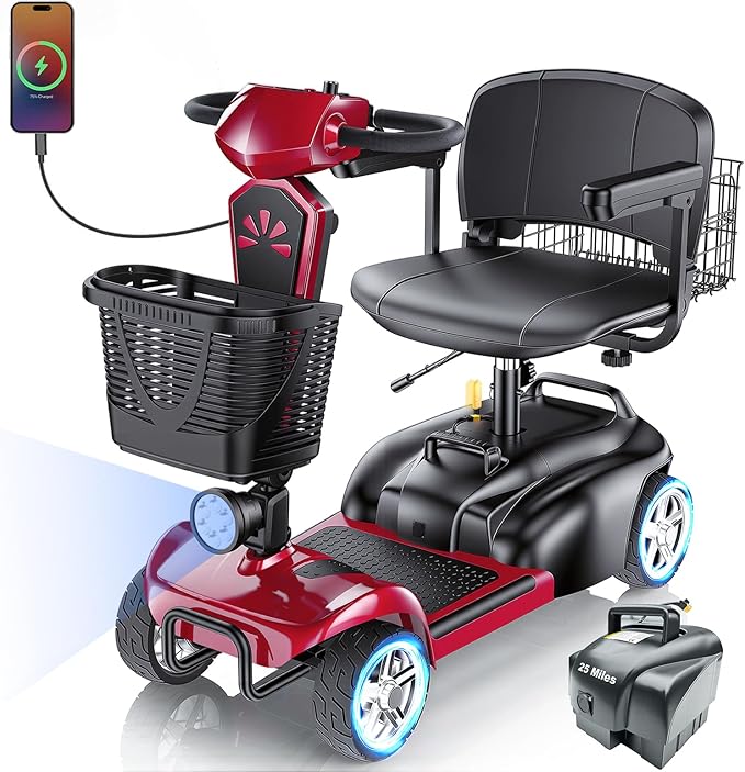 15/25/30/50Miles Eldryvon 4 Wheels Electric Mobility Scooter for Seniors, Dual Basket, 350W Powered Wheelchair with Rotating Seat, Foldable Motorized Scooter for Adults (Red, 50Miles)