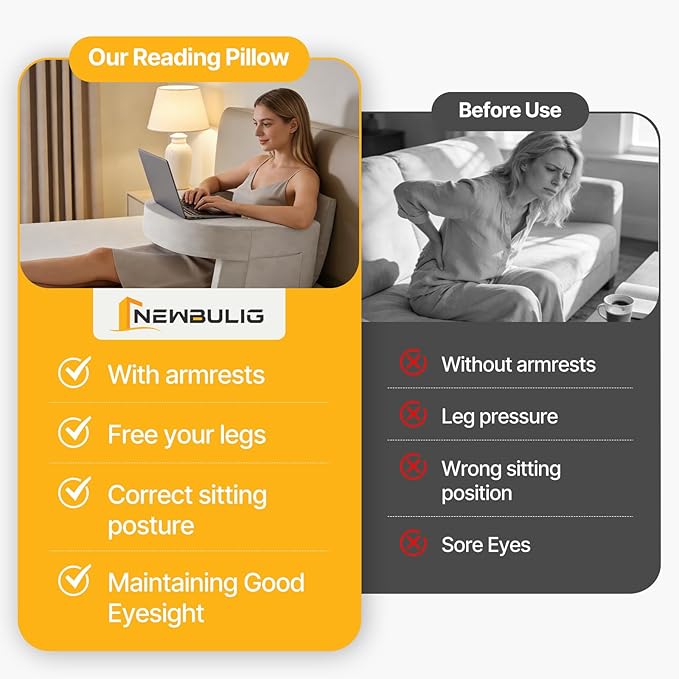 Reading Pillow Lap Desk with Storage Pockets & Ergonomic Arm Rests for Laptop, Gaming, Reading, Working on Bed, Couch & Floor for Adults, Arc-Shaped, Grey