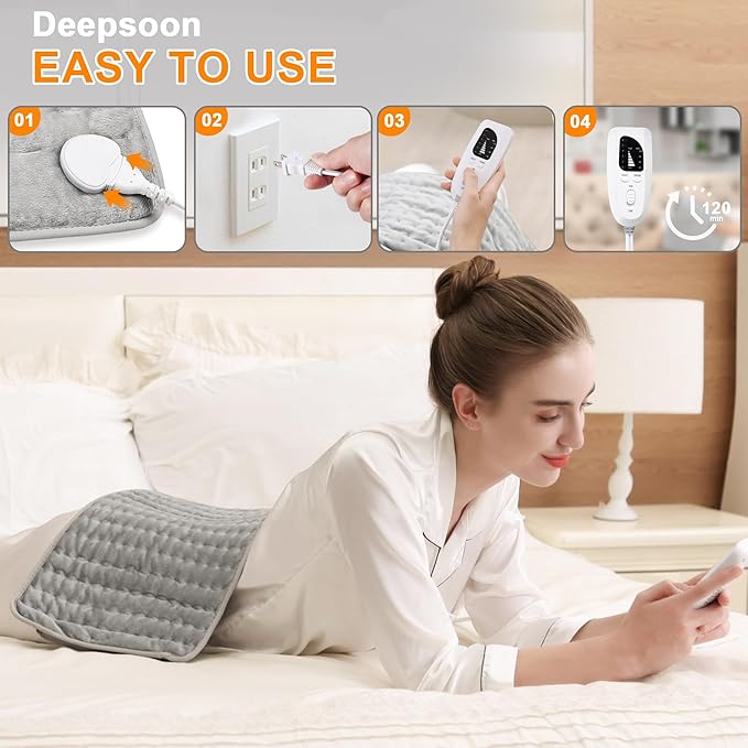 Deepsoon Heating Pad,Electric Heating Pads for Back,Neck,Moist Heating Pad for Abdomen Shoulder Knee Legs,Dry/Moist Heat&Auto Shut Off,Mother's Day Birthday for Men and Women,Silver,24x12 Inch