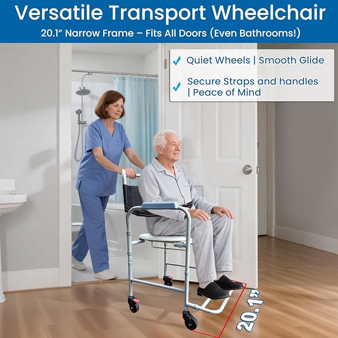 Aliseniors 3-in-1 Rolling Shower Chair with Wheels, Bedside Commode Transport Wheelchair, Waterproof Inside Bathroom & Toilet Chair for Handicap, Elderly, Injured or Disabled, 250 lbs