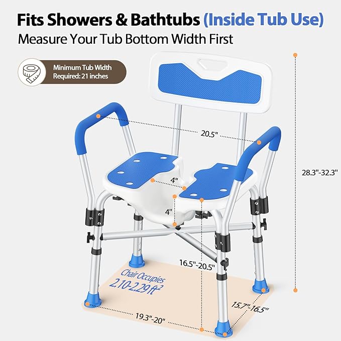 Heavy Duty Shower Chair for Inside Shower FSA/HSA Eligible, 500LBS Shower Chair with Arms & Back, Padded Bath Seat with U-Shaped Cutout, Anti-Slip Adjustable Bath Stool for Seniors, Handicap, Pregnant