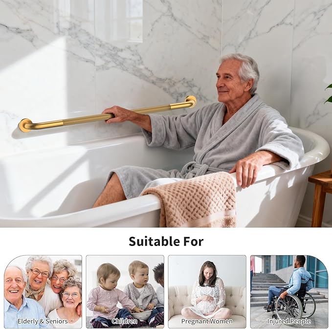 40 Inch Anti Slip Shower Grab Bar, Munzong Long Bathroom Grab Bar for Showers, Gold Knurled Handicap Balance Bar,Safety Hand Rail Support Elderly Senior Assist Bath Handle