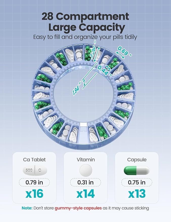 28-Day(1X) Automatic Pill Dispenser – One-Press Daily Dispense (No APP), Easy-to-Use Slide-Door Cup, Sound & Light Alerts, Moisture-Proof Dual Desiccants, Large Compartments for Tablets & Capsules
