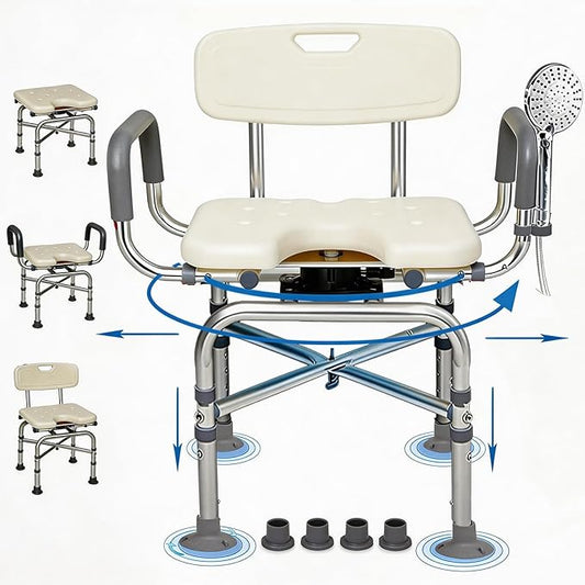 U 2-Level Width Adjustable 360° Heavy Duty Swivel Shower Chair for Inside Shower and Tub w/Reinforced X-Bar, 550lb Shower Seat for Bathtub w/Arms and Back for Seniors, Handicap, Elderly and Disabled
