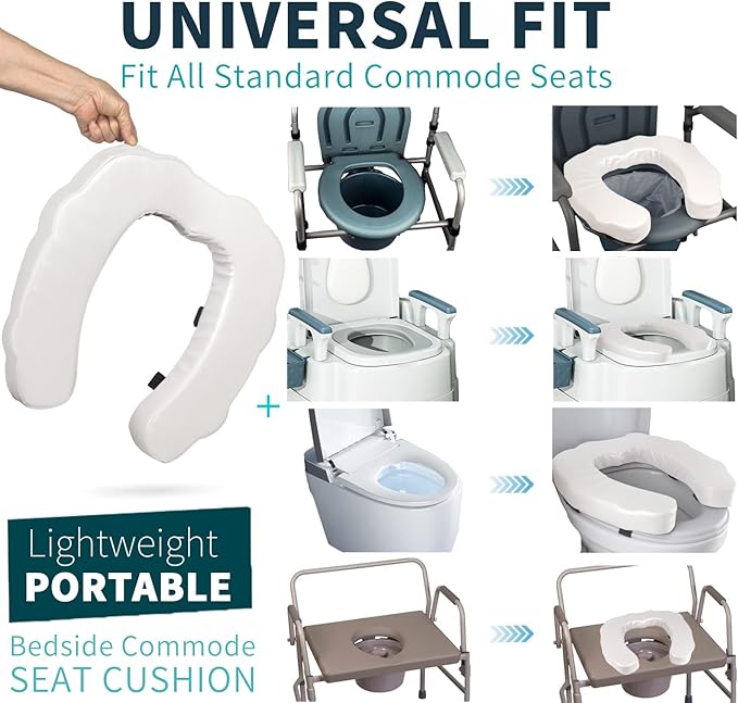U-Shaped Padded Commode Seat Cushion – 2" Thick Raised Toilet Booster Pad for Seniors, Bedside Commode Chair, Potty Seat Riser – Universal Fit 16x15, Soft Foam, Non-Slip Straps