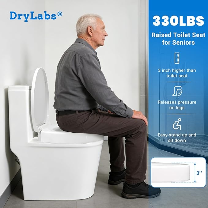 Elongated Raised Toilet Seat for Seniors, 3" Height, Heavy Duty Slow Close Elevated Toilet Seat with Never Loosen Hinges, Fits Most Elongated Toilets (White 18.5") (Raised Toilet Seat)