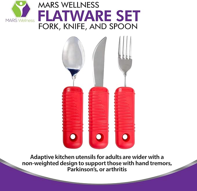 3 Piece Super Easy Grip Red Flatware Set - Bendable Built Up Large Fork, Knife, and Spoon - Red