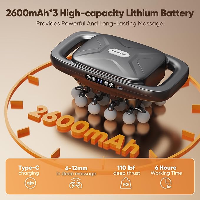 20-Head Massage Gun, Deep Tissue Percussion Massager with 30 Speeds & 3 Modes, 110lb Force, Ultra-Quiet 35dB, 2600mAh Battery, Type-C Fast Charging, 6H Use, Full Body Muscle Relaxation